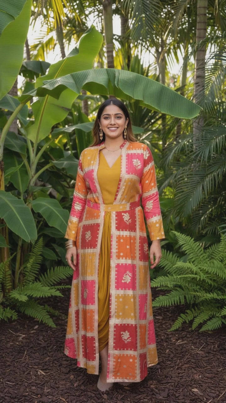 MUSTARD COWL DRESS WITH GOLDEN EMBEDDED JACKET