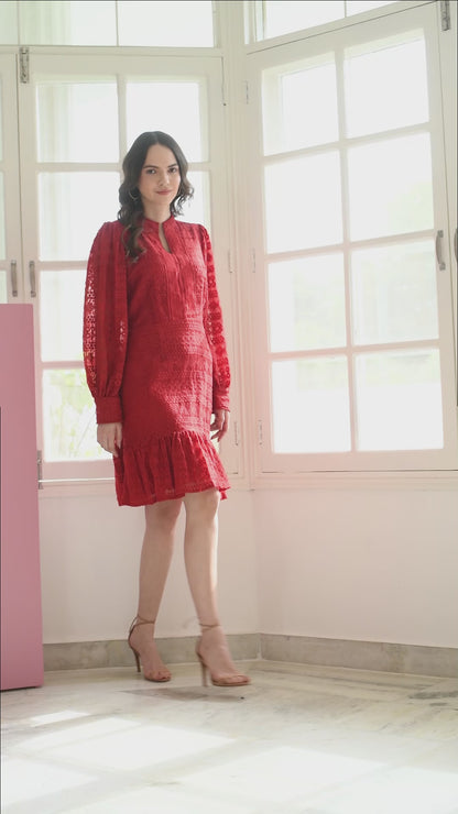 RED NET FULL SLEEVE BALLOON DRESS