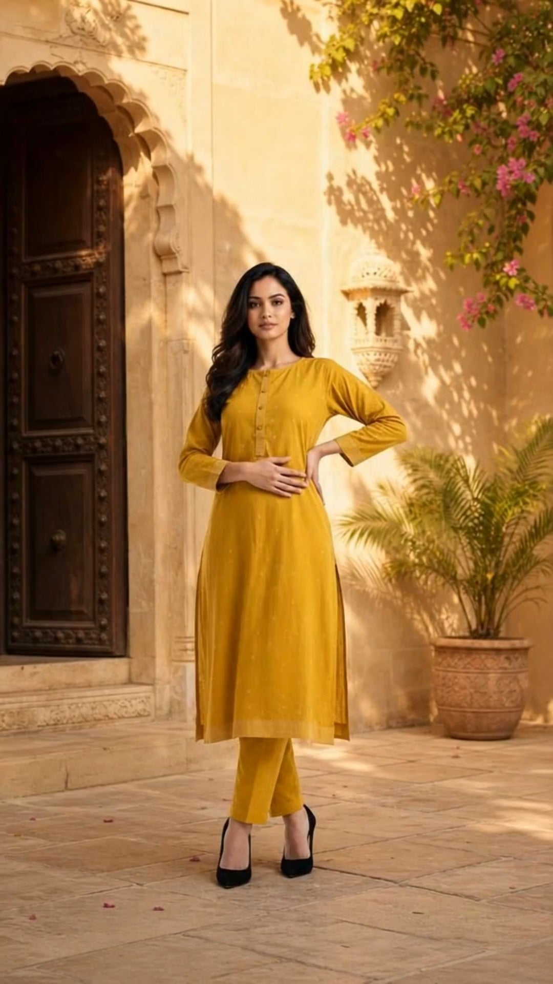 MUSTARD COTTON KURTA PANT SET