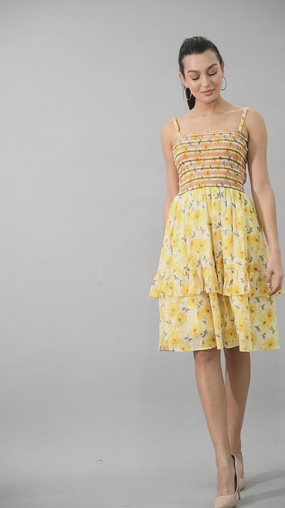 SMOKING YELLOW FLORAL SHORT DRESS