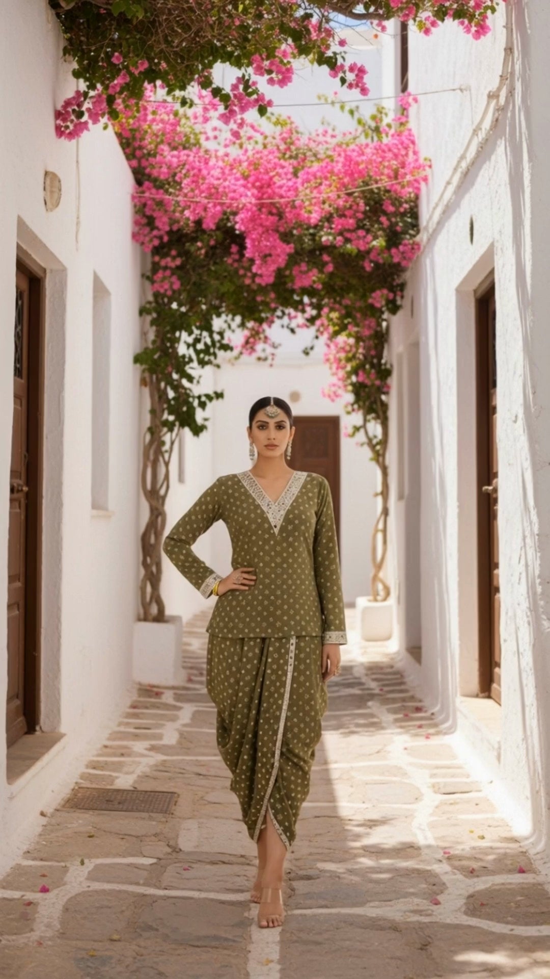 OLIVE GREEN MIRROR-WORK DHOTI SET WITH PRINTED V-NECK TOP