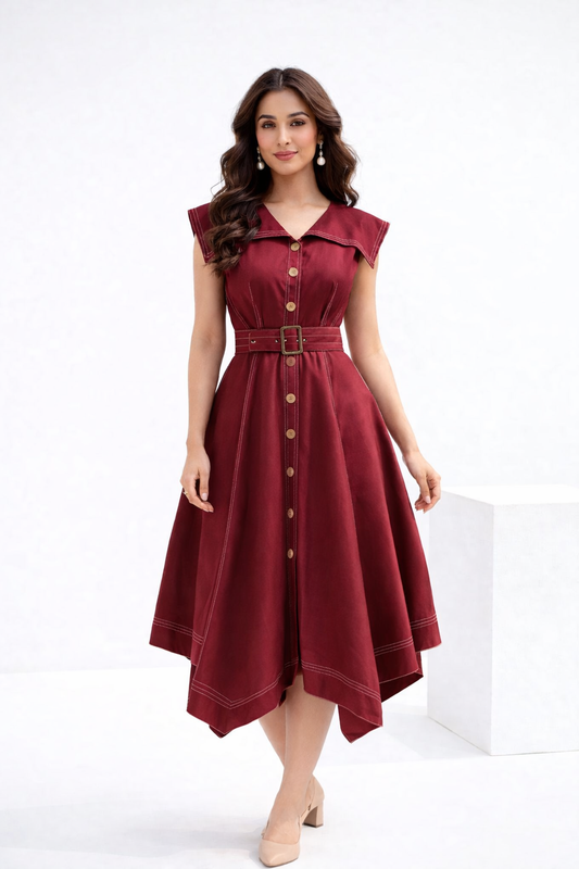 MAROON SLUB ZIG ZAG DRESS